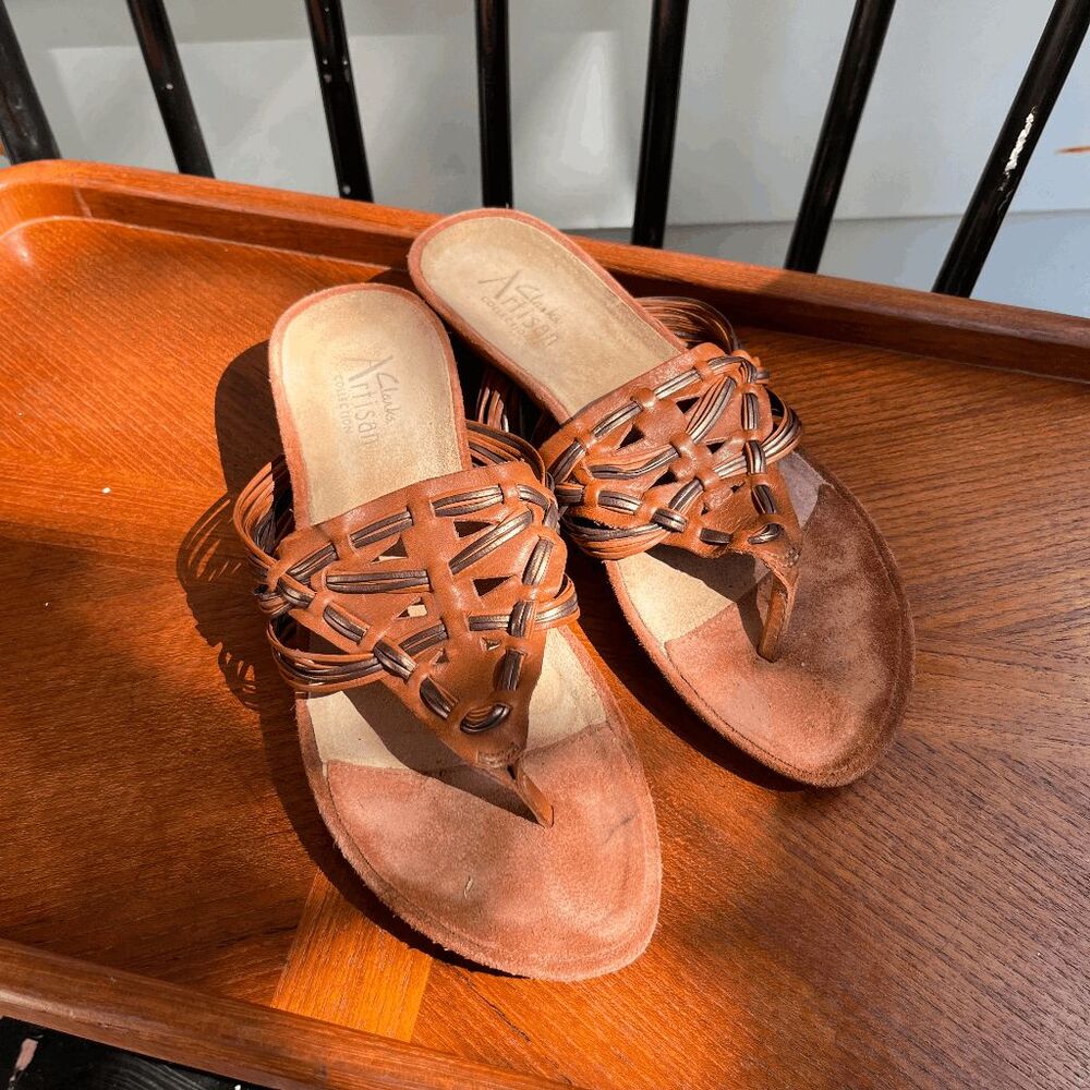 Clarks Artisan Woven Leather Sandals Brown Boho Slide Resort Travel Shoes 8.5